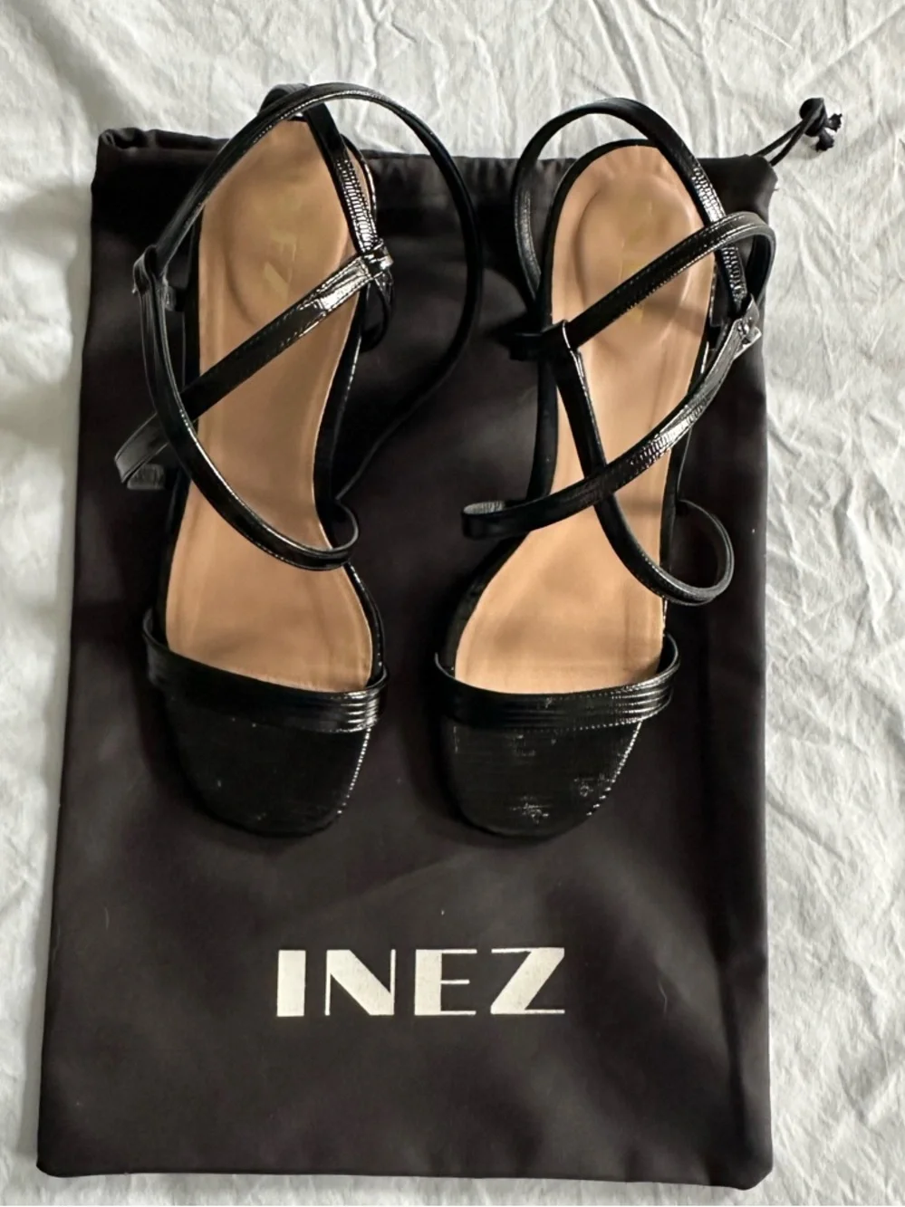 INEZ Selena Heeled Sandals in Black Lizard Embossed Leather - Picture 5 of 7